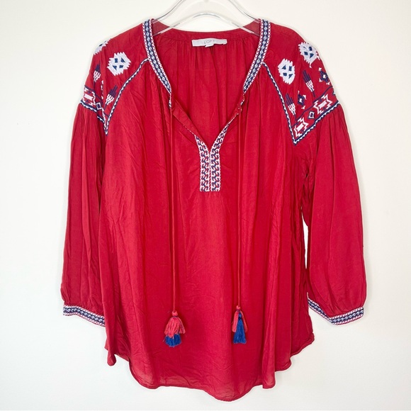 LOFT Red Blue Embroidered Boho Tassel Detail Long Sleeve Top Size L - Picture 1 of 12